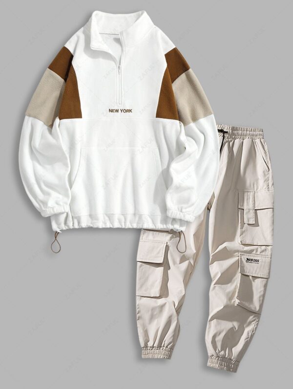 new Fluffy NEW YORK Embroidery Colorblock Half Zip Sweatshirt and Cargo Jogger Techwear Pants Set - MULTI-A ONE SIZE
