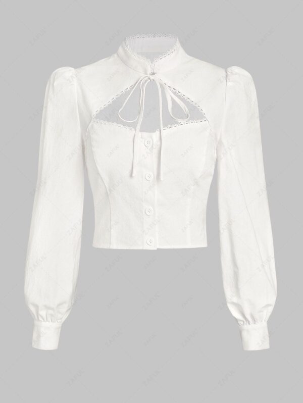 fancy ZAFUL Lantern Sleeve Cut Out Crochet Trim Tie Stand Collar Shirt - WHITE M