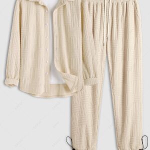 affordable Men's Solid Color Casual Terry Cloth Toweling Jacquard Textured Button Up Long Sleeve Shirt and Toggle Drawstring Geometric Jogger Sweatpants Set - LIGHT COFFEE ONE SIZE