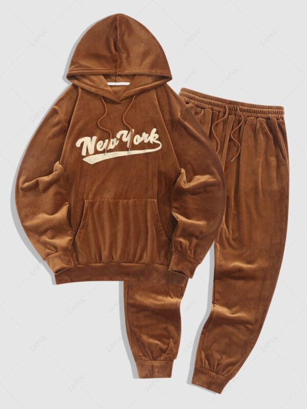 unique Men's New York Terry Embroidered Fuzzy Fleece Kangaroo Pocket Pullover Hoodie with Matching Beam Feet Drawstring Casual Jogger Pants Set - COFFEE ONE SIZE