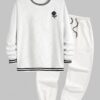 trendy Men's Colorblock Round Collar Rose Embroidered Textured Pullover Long Sleeves Sweatshirt with Matching Slant Pocket Drawstring Beam Feet Casual Jogger Pants Set - WHITE ONE SIZE