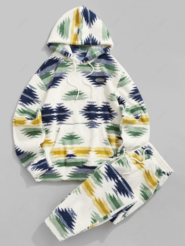 women's ZAFUL Men's Fleece Fluffy Vintage Ethnic Colorblock Kangaroo Pocket Hoodie Drawstring Jogger Pants Matching Two Piece Set - DEEP GREEN L