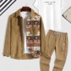 ladies Men's 3Pcs Retro Ethnic Aztec Printed Corduroy Spliced Shacket and Letter Printed Casual Summer T-shirt and Jogger Cargo Pants Set - COFFEE ONE SIZE