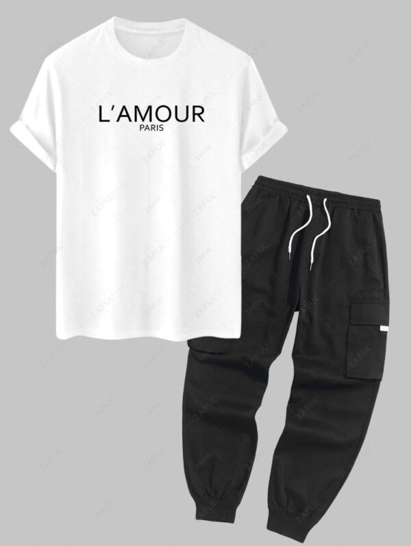 shops Men's PARIS Letter Printed Short Sleeves T-shirt and Streetwear Casual Techwear Jogger Cargo Pants Set - BLACK ONE SIZE