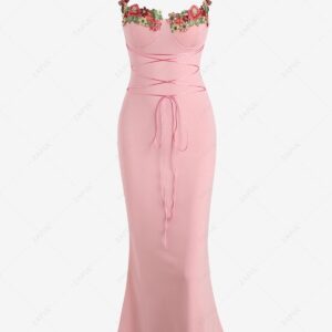 women Women's Sexy Eleglant Floral Embroidered Patched Cupped Bustier Design Lace Up Mermaid Midi Dress - LIGHT PINK XL