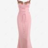 women Women's Sexy Eleglant Floral Embroidered Patched Cupped Bustier Design Lace Up Mermaid Midi Dress - LIGHT PINK XL