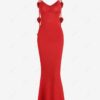 chic Women's Sexy Elegant 3D Floral Rosettes Decor Ruched Open Back Evening Gown Spaghetti Strap Cami Mermaid Maxi Dress - RED ONE SIZE