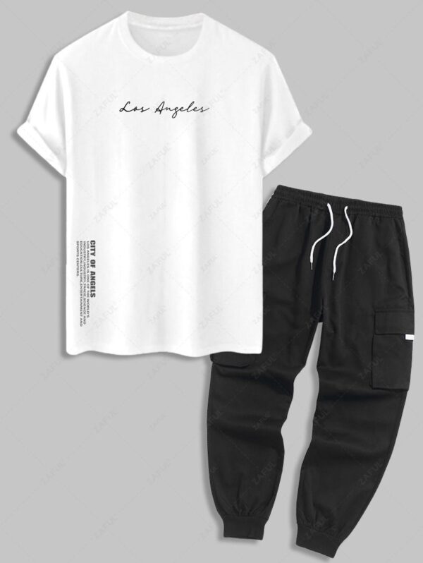 outfits Men's Los Angeles Letter Graphic Printed Short Sleeves T-shirt and Streetwear Casual Techwear Jogger Cargo Pants Set - WHITE ONE SIZE