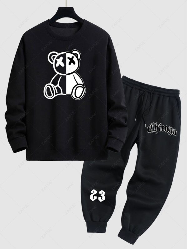 shops Men's Two Tone Bear Graphic Crew Neck Pullover Sweatshirt And Letter Printed Fleece-lined Ribbed Beam Feet Drawstring Jogger Pants Set - BLACK ONE SIZE