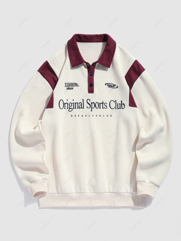 best Men's Colorblock Letter Number Graphic Embroidered Fuzzy Fleece-lined Half Buttoned Long Sleeve Polo Collar Pullover Sweatshirt - CHAMPAGNE M