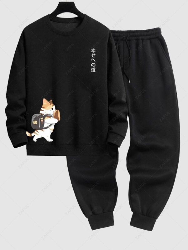 shops Men's Japanese Cat Graphic Printed Crew Neck Pullover Sweatshirt And Thermal Fleece-lined Sweatpants Set - BLACK ONE SIZE