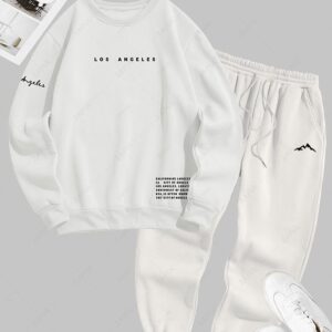 outfit Men's Letter Printed Fleece-lined Crew Neck Sweatshirt And Mountain Graphic Pattern Drawstring Jogger Sweatpants Set - CRYSTAL CREAM ONE SIZE