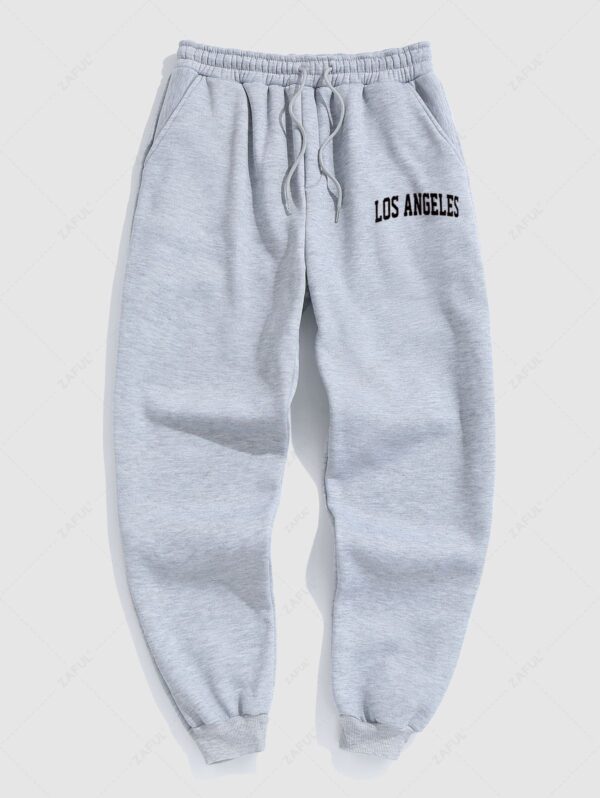 outfit Men's Minimalist Style Letter LOS ANGELES Pattern Fuzzy Fleece-lined Drawstring Jogger Sweatpants - GRAY S