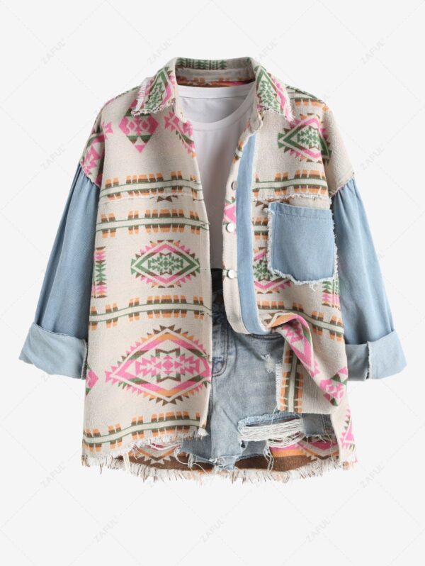 women's Women's Ethnic Aztec Print Spliced Demin Frayed Hem Single Breasted Wool Blend Jacket - LIGHT COFFEE M